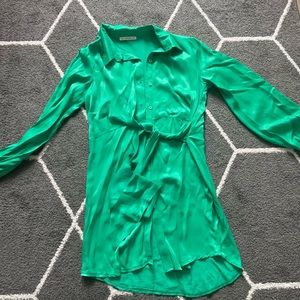 Bright green satin button down dress with waist tie